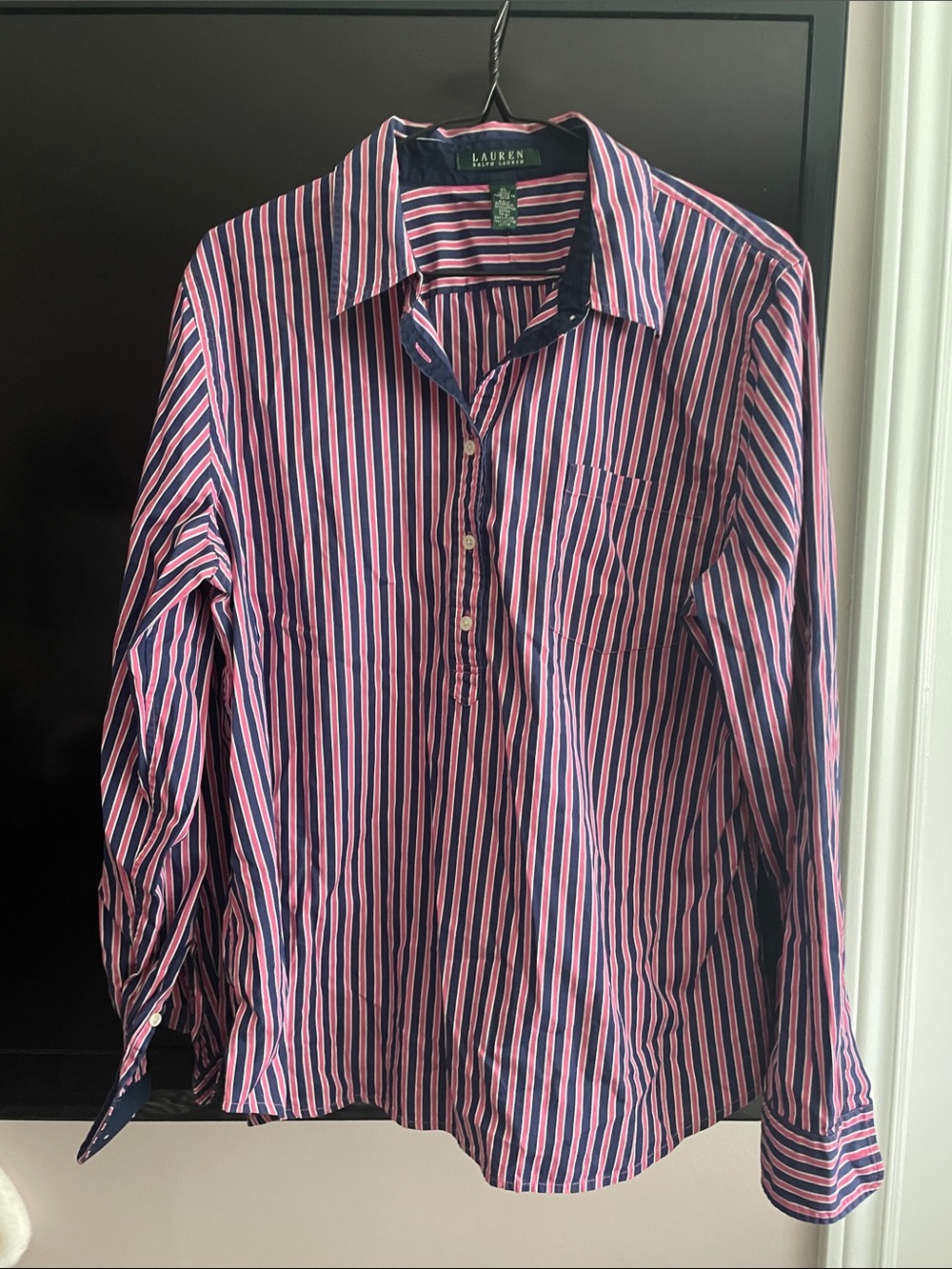 Lauren Ralph Lauren Navy and Pink Striped Button-Down Shirt